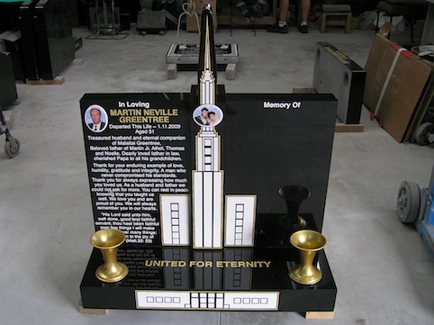 MORMON TEMPLE SHAPED GRANITE  HEADSTONE